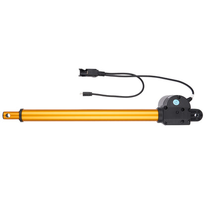 Yellow actuator with black cable on a white background