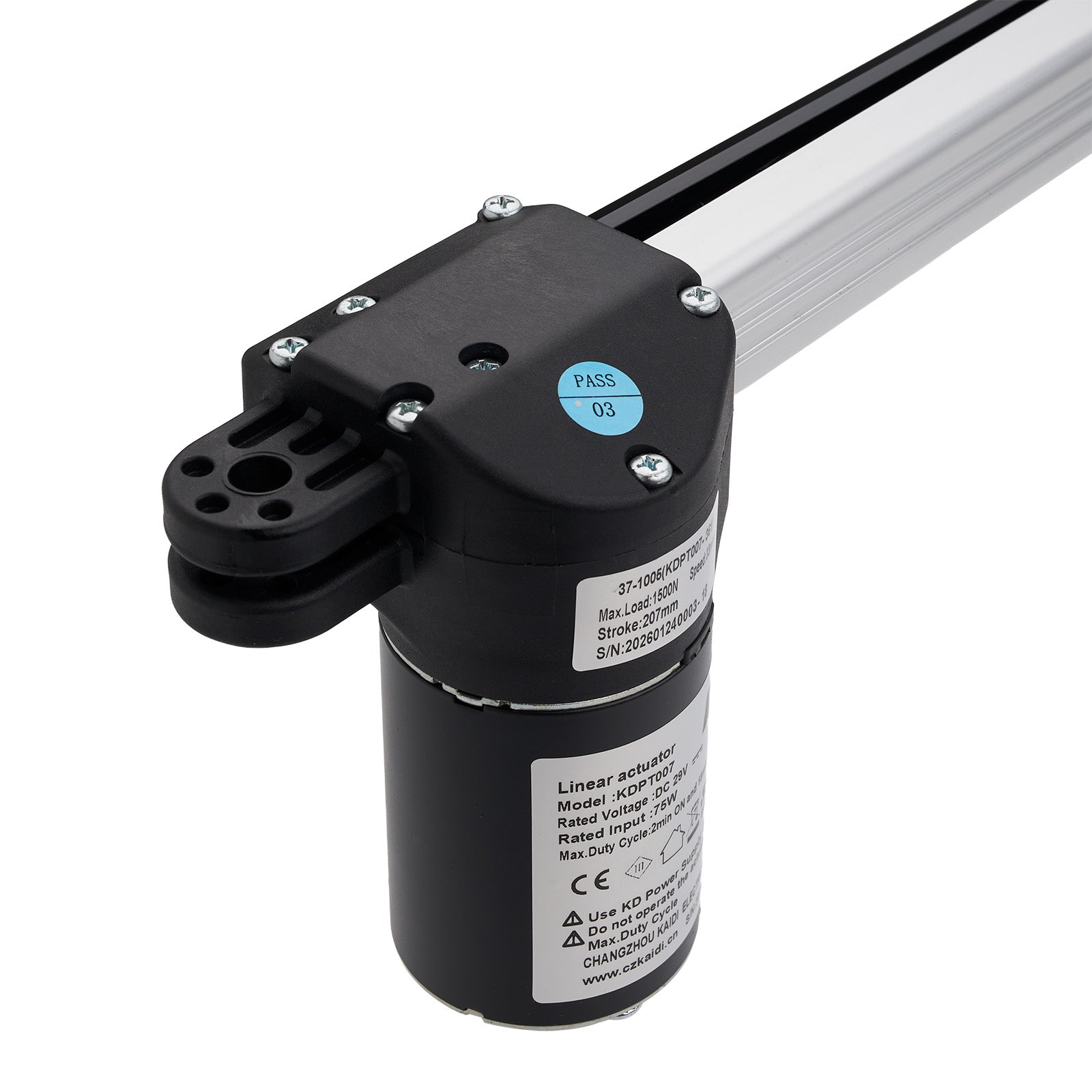 Linear actuator with black housing and white rod on a white background