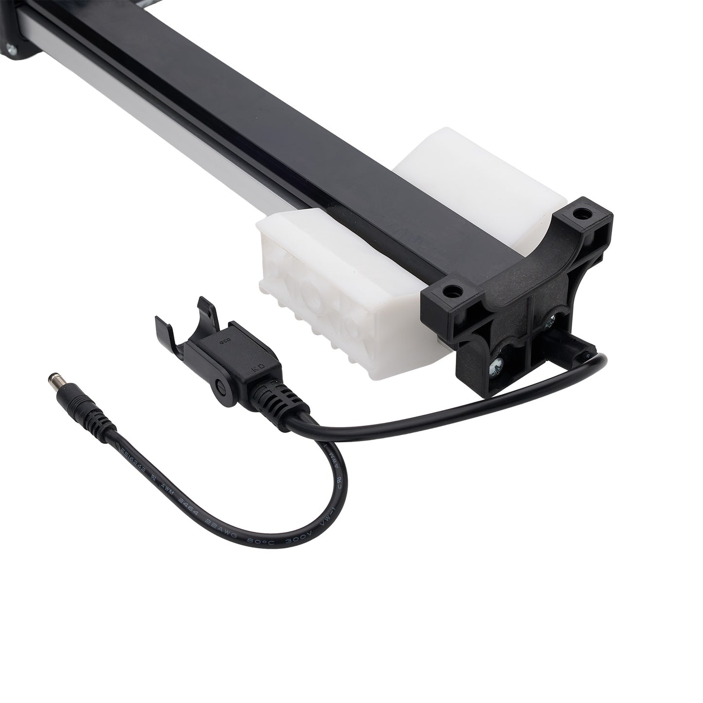 Light fixture with white bulb and black metal casing on a white background