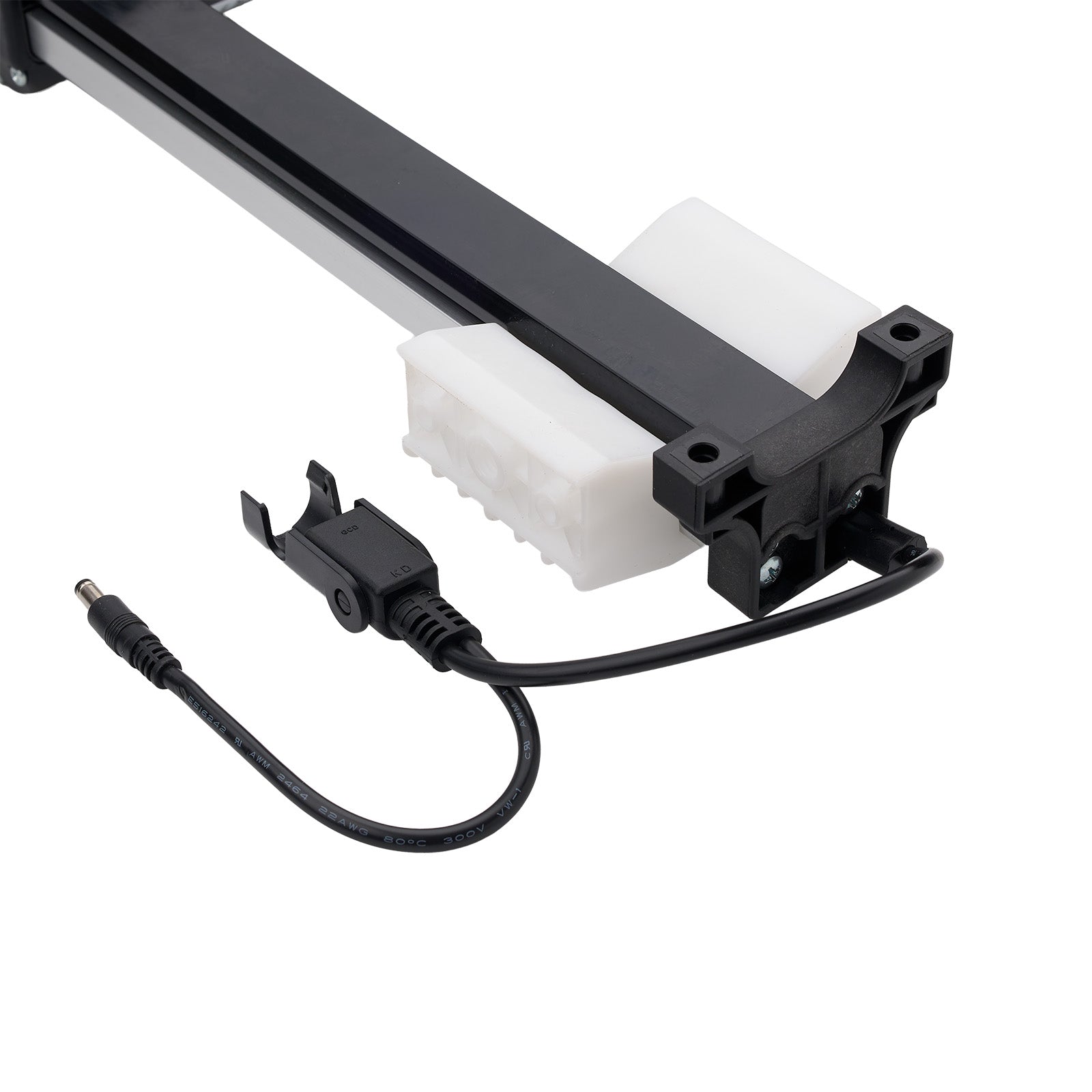 Light fixture with white bulb and black metal casing on a white background