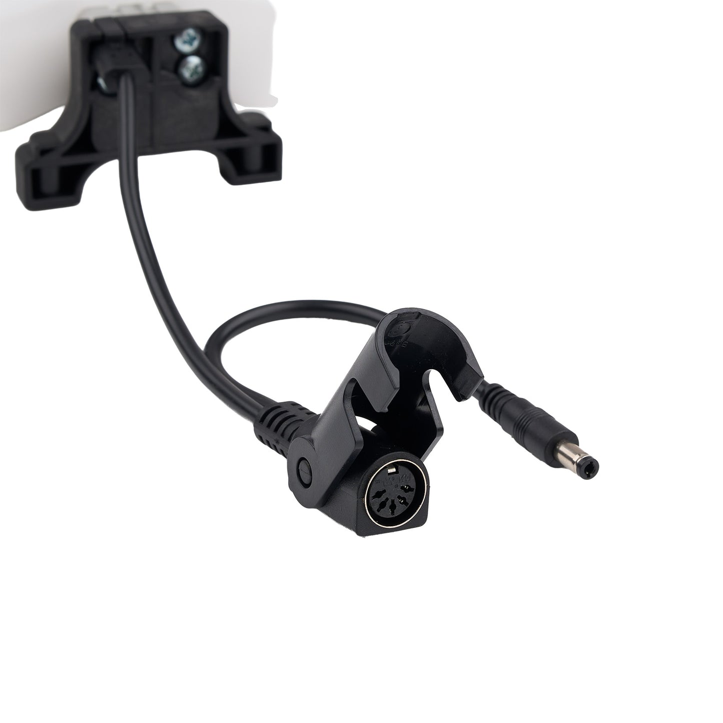 Black power cable connector on a white background