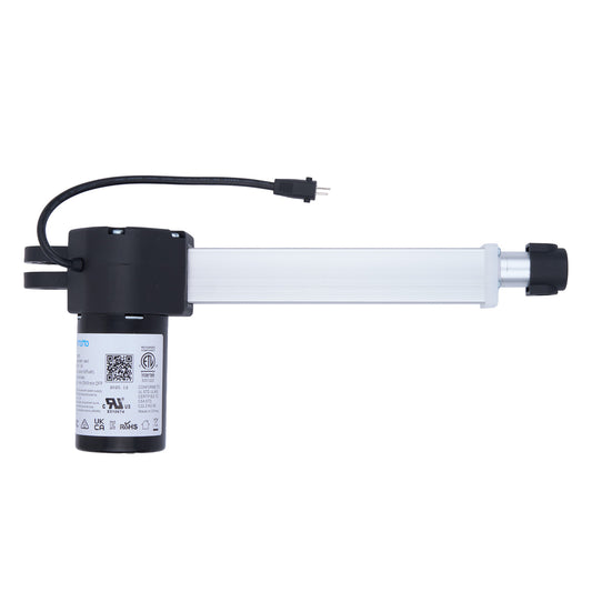 Electric actuator with a white rod and black housing on a white background