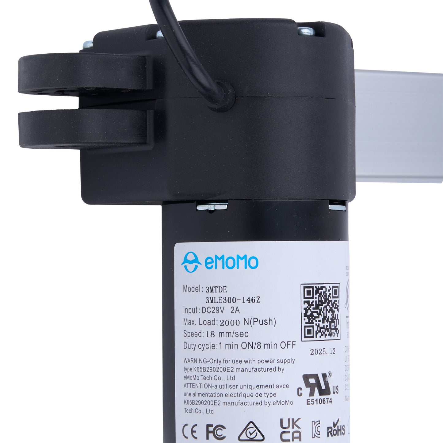 Black electronic component with emomo branding and label on a white background