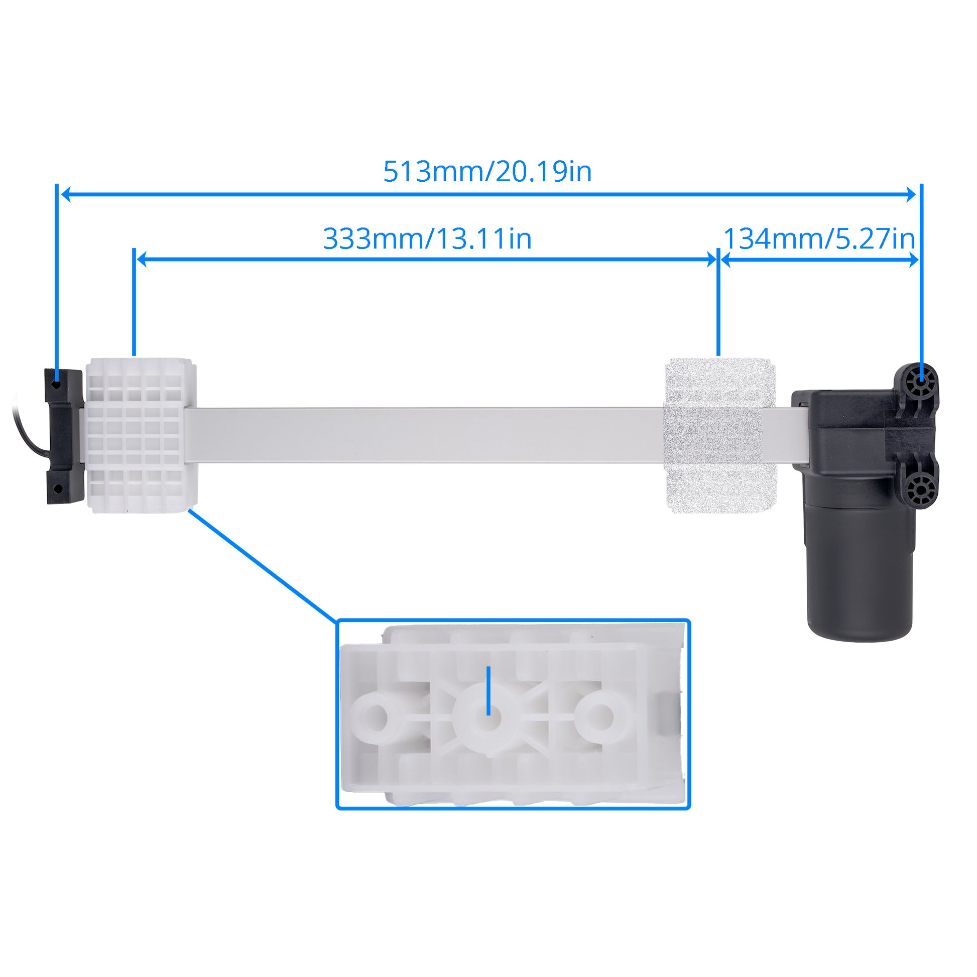 A horizontal aquarium filter cartridge with a black pump on the right, white plastic filter media on both ends, and blue dimension lines showing measurements of 513mm, 333mm, and 134mm. A zoomed-in inset shows the white filter media detail.