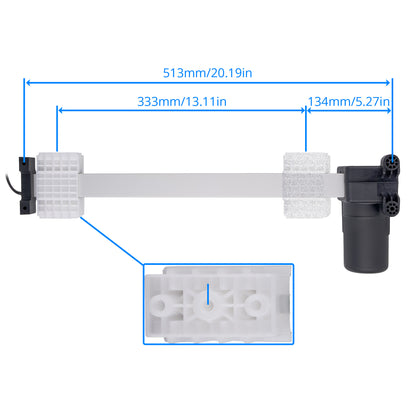 A horizontal aquarium filter cartridge with a black pump on the right, white plastic filter media on both ends, and blue dimension lines showing measurements of 513mm, 333mm, and 134mm. A zoomed-in inset shows the white filter media detail.