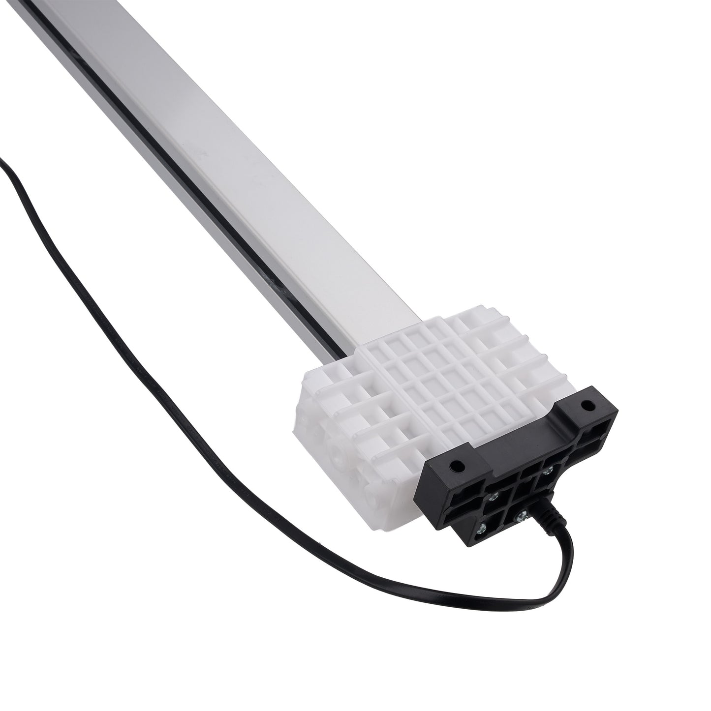 A linear LED light bar with a silver aluminum housing, a white ribbed heat sink, and a black connector block, shown with its attached black power cable on a white background.