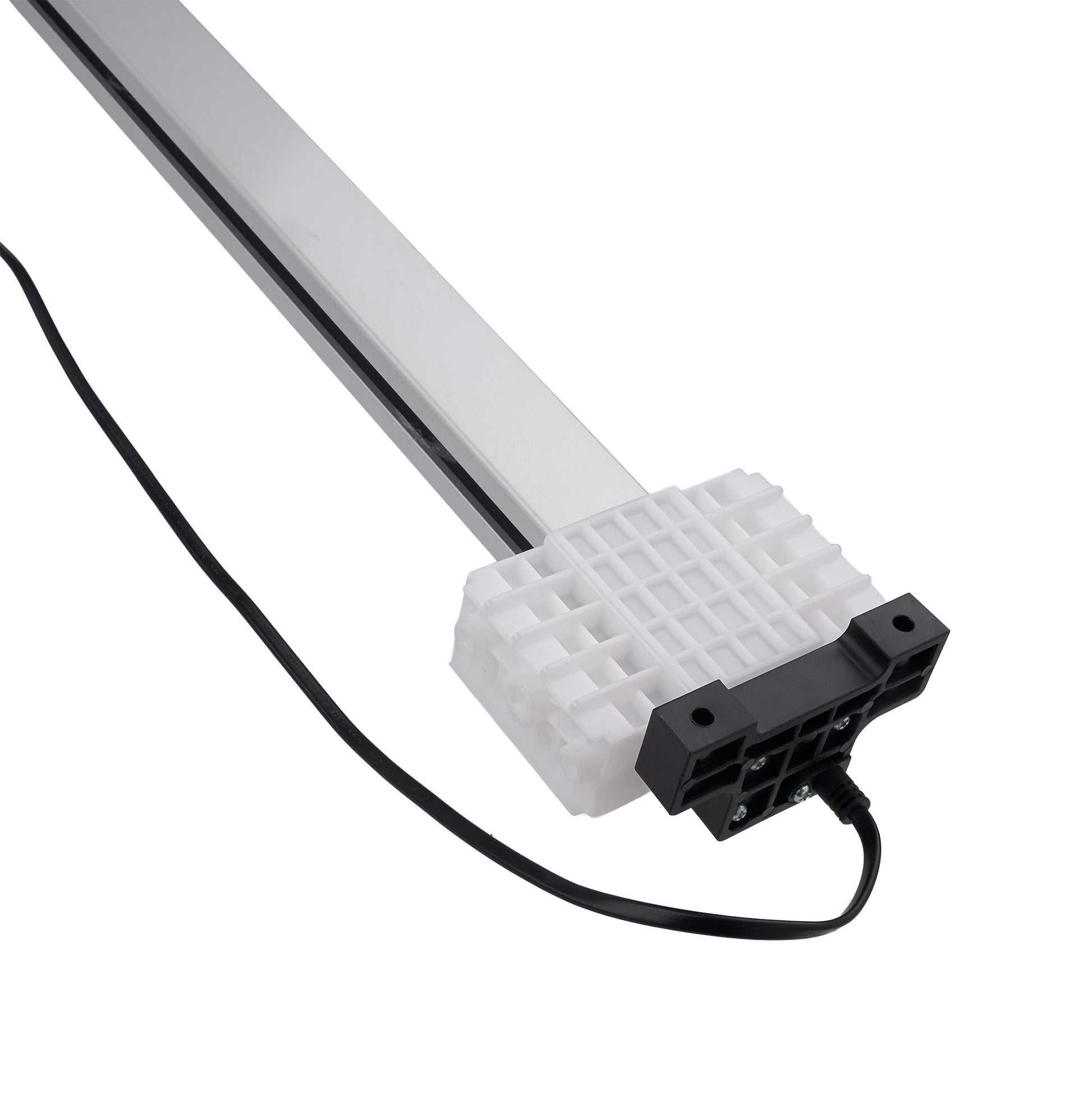 A linear LED light bar with a silver aluminum housing, a white ribbed heat sink, and a black connector block, shown with its attached black power cable on a white background.