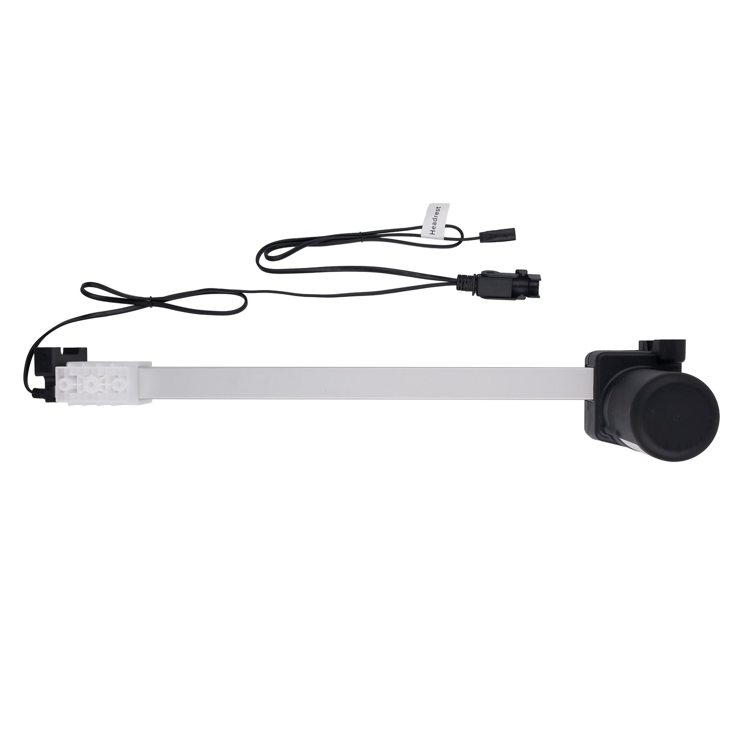 A linear electric door lock actuator with a long silver metal rod, black motor housing, and attached black wiring harnesses, shown on a plain white background.