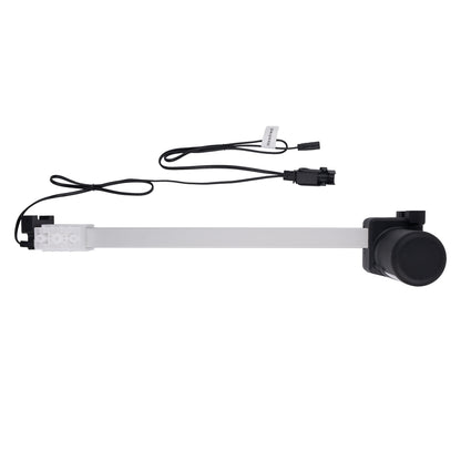 A linear electric door lock actuator with a long silver metal rod, black motor housing, and attached black wiring harnesses, shown on a plain white background.
