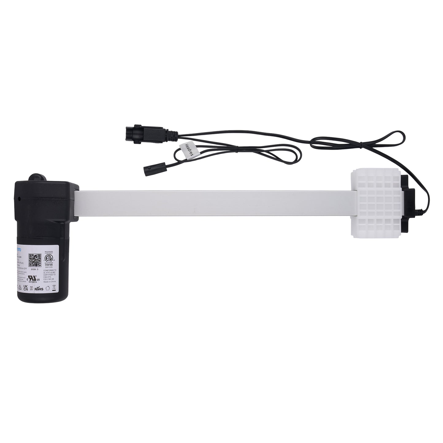 A linear electric gate opener motor and arm assembly with a black motor unit, white plastic end cap, and attached black power cables, shown on a plain white background.