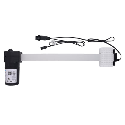 A linear electric gate opener motor and arm assembly with a black motor unit, white plastic end cap, and attached black power cables, shown on a plain white background.