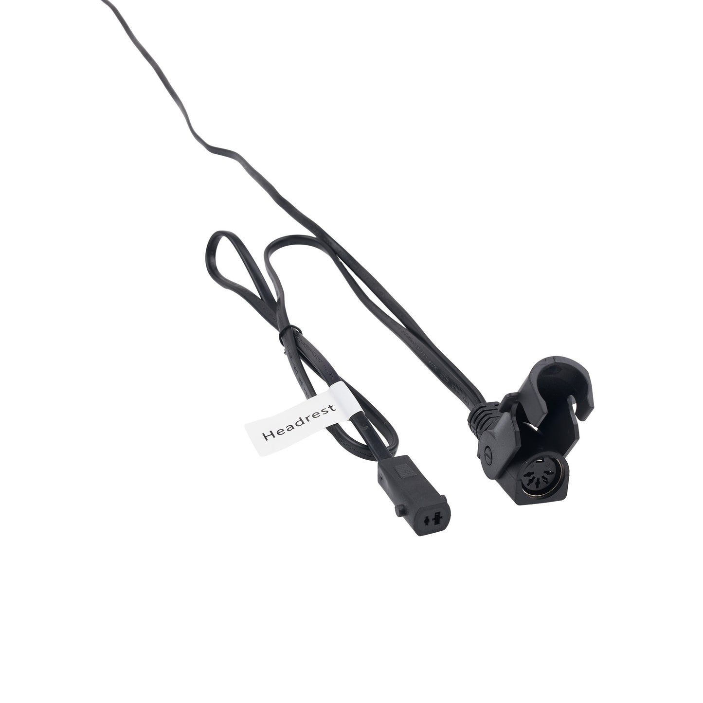 Black headrest cable with a plastic connector, a white tag labeled 'Headrest', and a thin wire extending to the top left, shown on a plain white background.