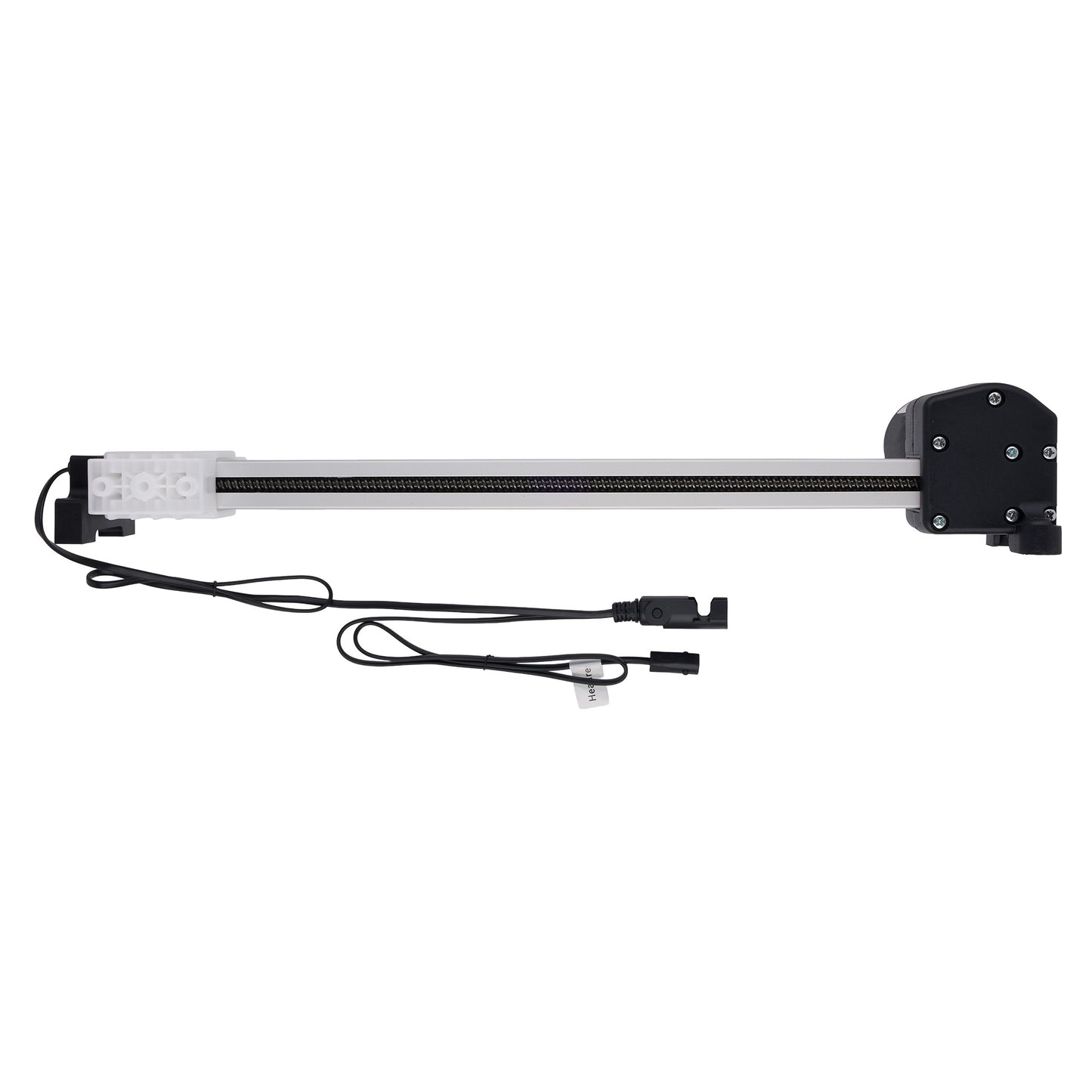 A linear motion guide rail assembly with a black end bracket, a long silver guide tube, and black wiring/cables, shown on a plain white background.