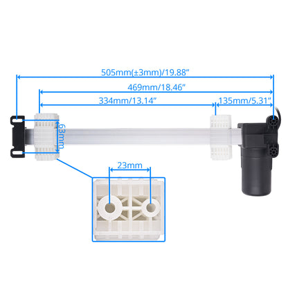 A transparent cylindrical tube pump assembly with a black motor housing on one end and white plastic fittings, shown on a white background with blue dimension lines and labels indicating measurements such as 505mm, 469mm, 334mm, 135mm, and 23mm.