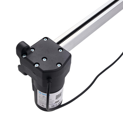 A linear motor drive assembly with a black motor housing, silver linear rail, and black cable on a white background.
