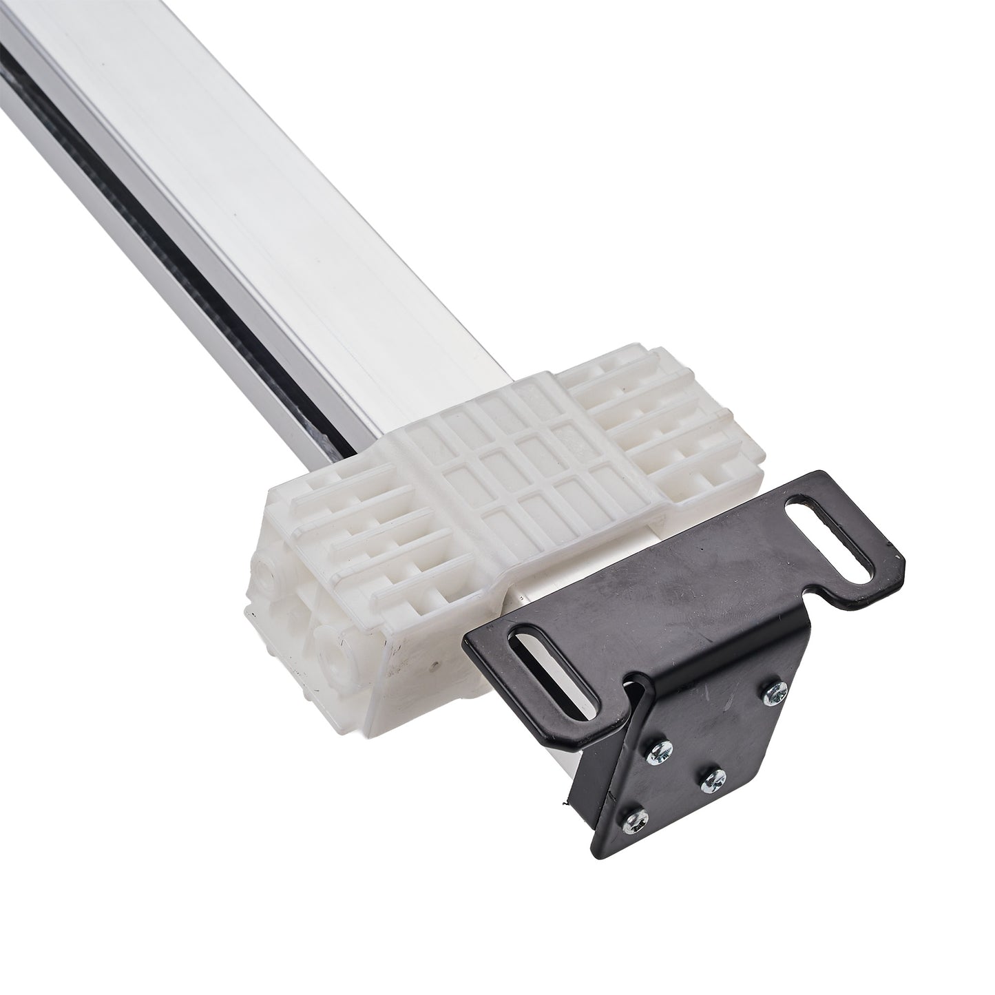 A close-up of a linear rail assembly with a white plastic connector block and a black metal bracket, shown on a plain white background.