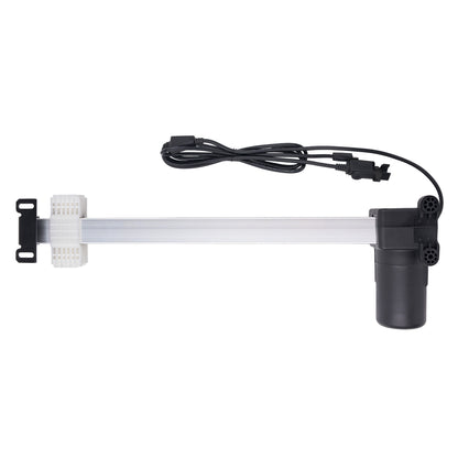 A linear electric gate opener motor assembly with a long silver metal rod, a black motor housing, a black mounting bracket, and an attached black power cable, shown against a plain white background.