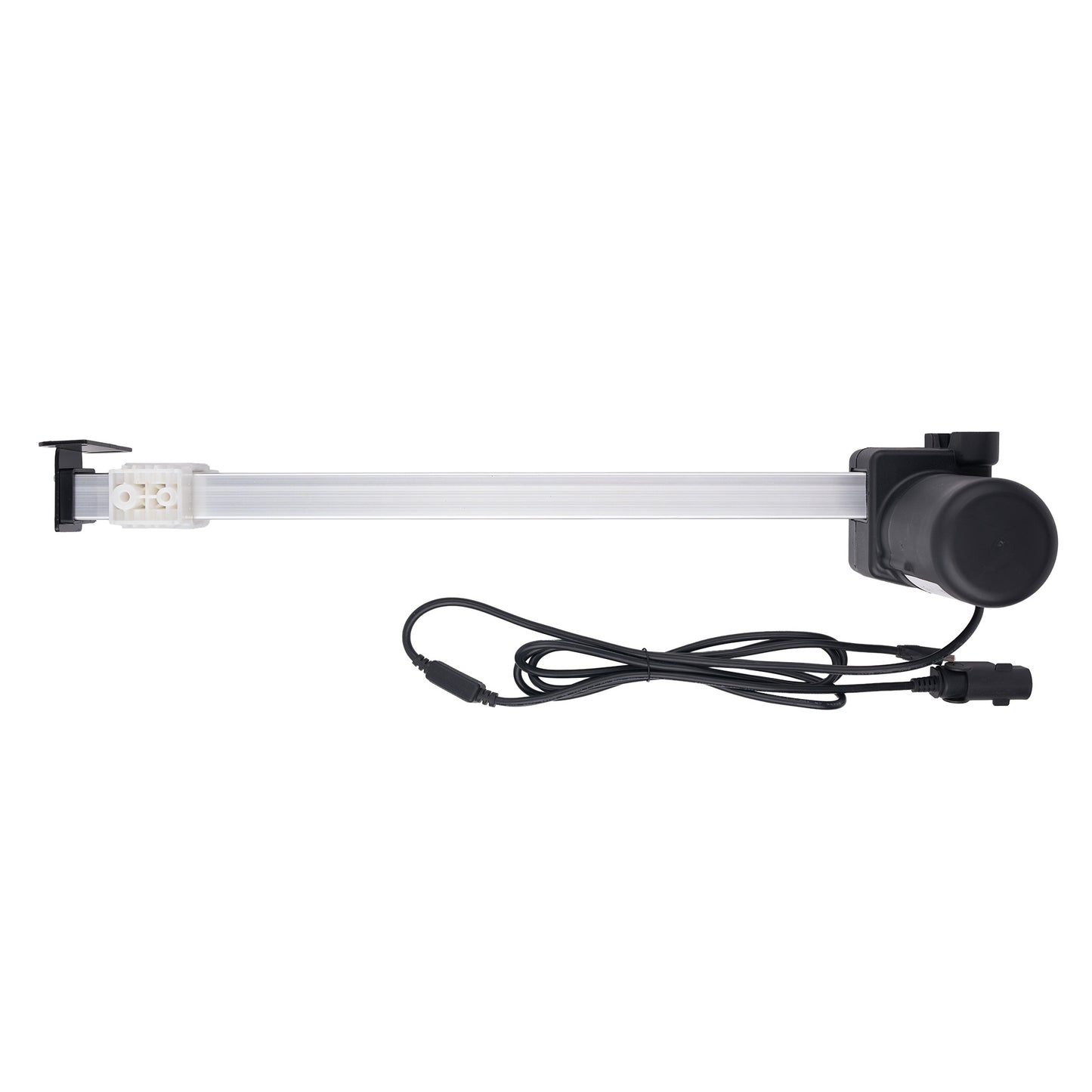 A linear LED light bar with a black motorized mount and an attached power cable, shown against a plain white background.