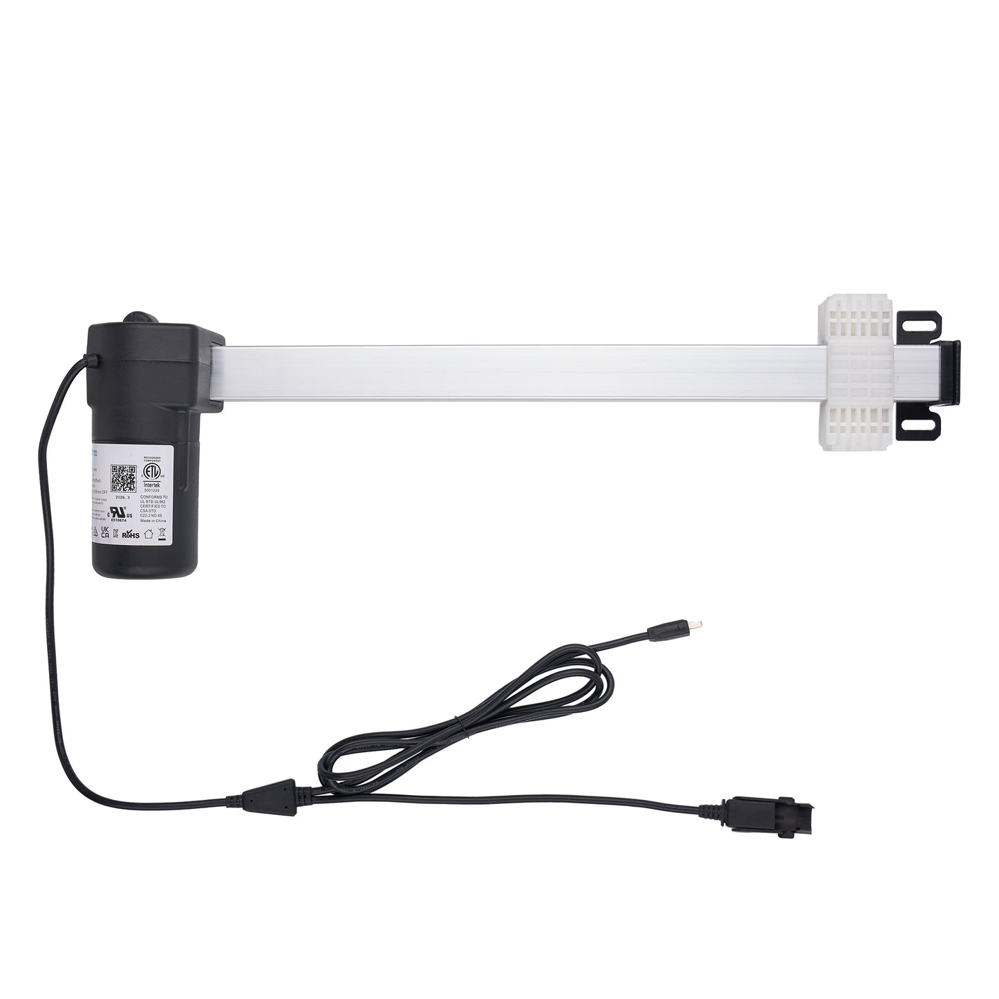 A linear electric gate opener motor kit with a black motor unit, a long white actuator arm, a white wall-mount bracket, and a black power cable with connectors, shown on a plain white background.