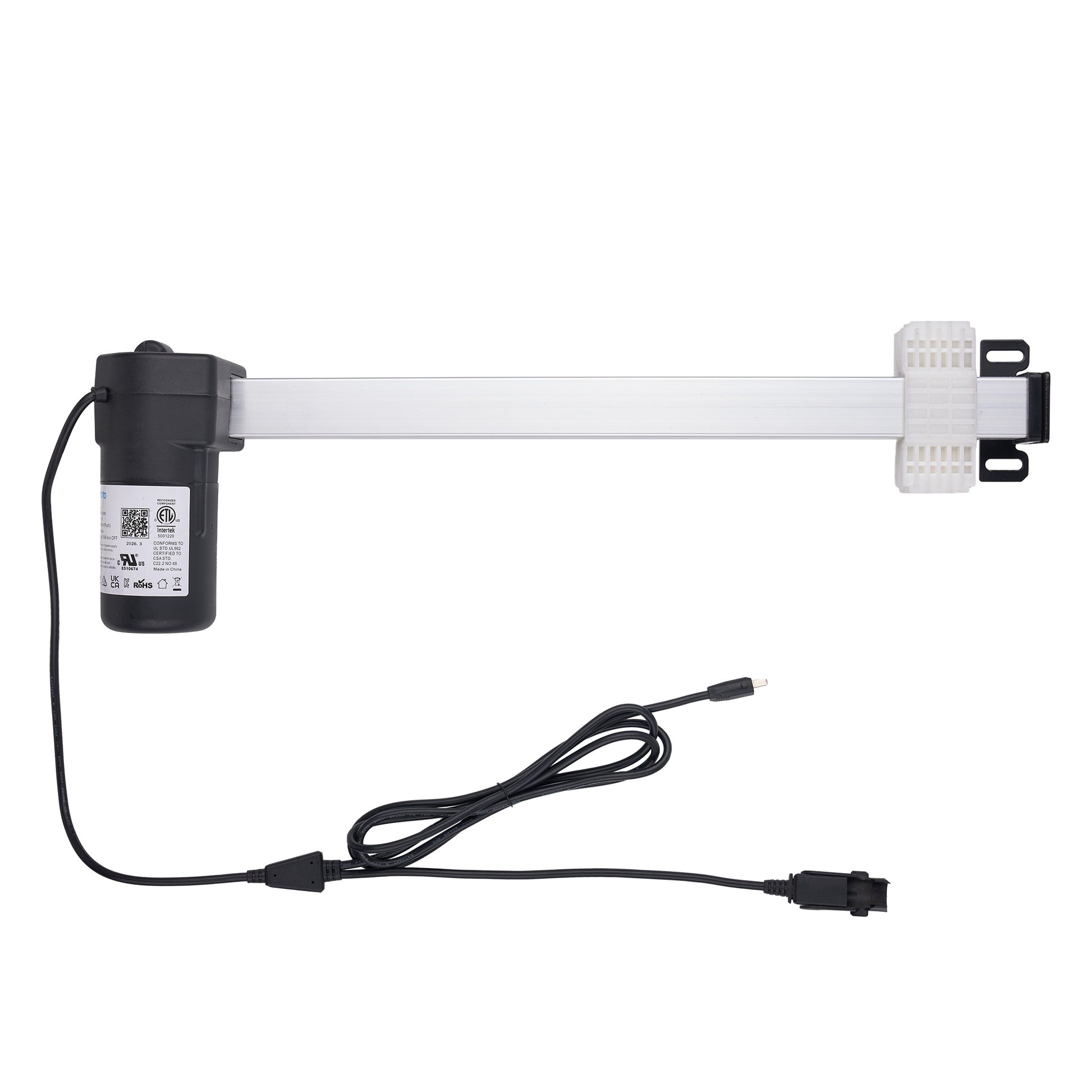 A linear electric gate opener motor kit with a black motor unit, a long white actuator arm, a white wall-mount bracket, and a black power cable with connectors, shown on a plain white background.