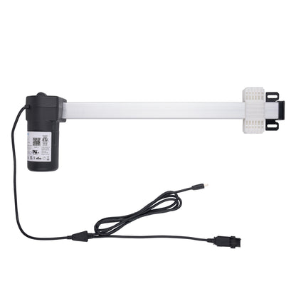 A linear electric gate opener motor kit with a black motor unit, a long white actuator arm, a white wall-mount bracket, and a black power cable with connectors, shown on a plain white background.