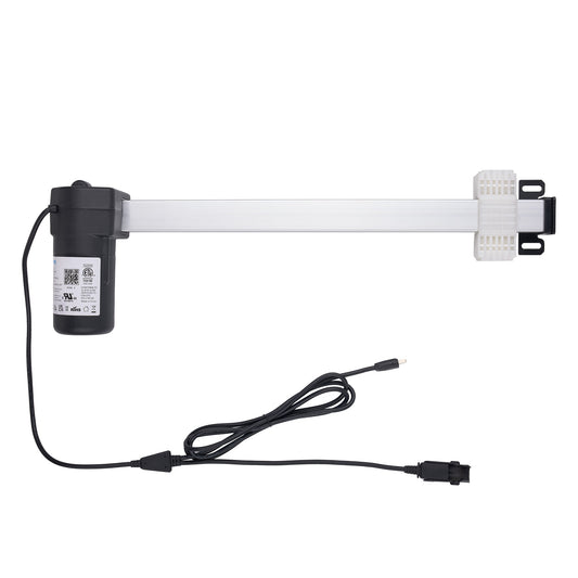 A linear electric gate opener motor kit with a black motor unit, a long white actuator arm, a white wall-mount bracket, and a black power cable with connectors, shown on a plain white background.