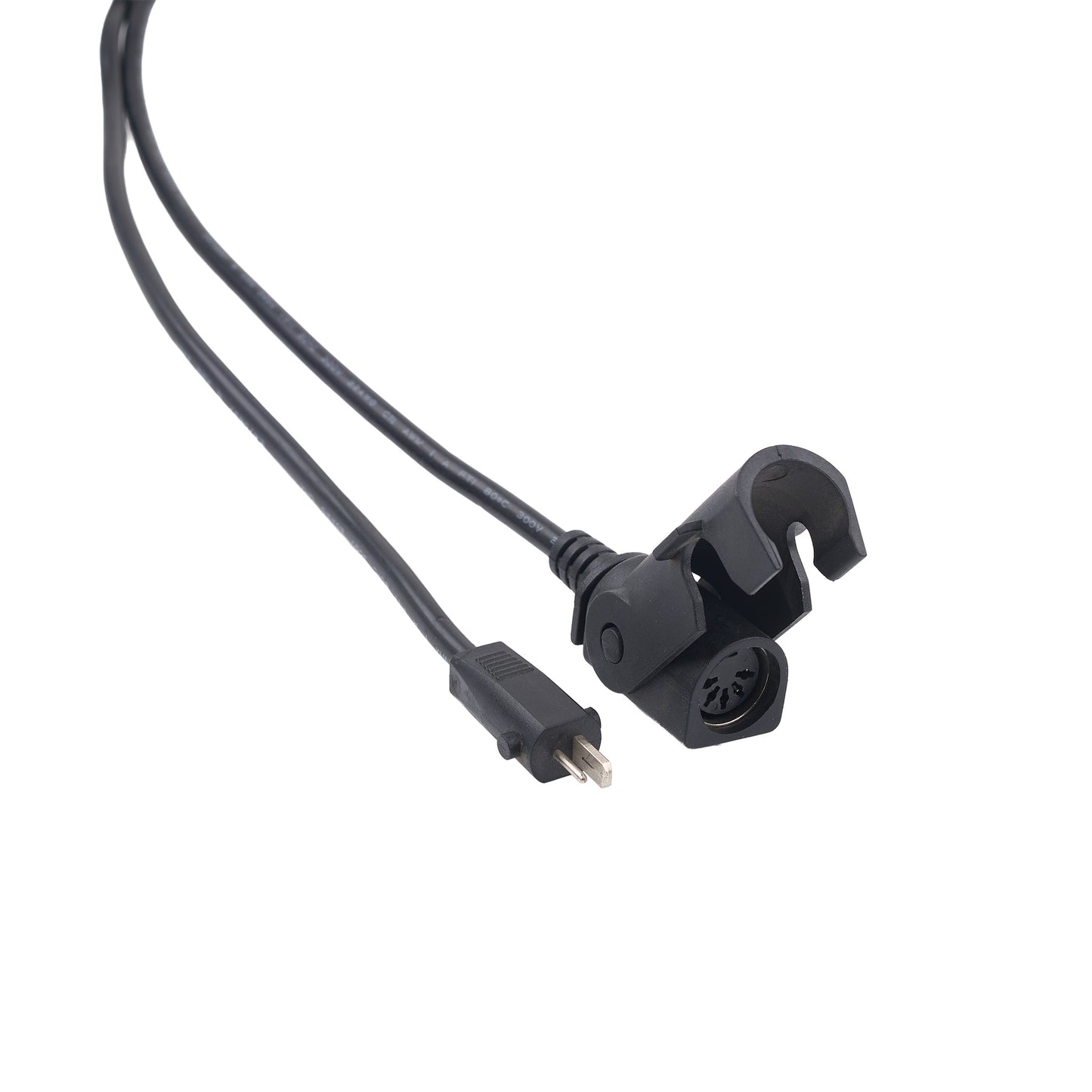 A black electrical cable with a multi-pin connector and a small plug, shown on a plain white background.