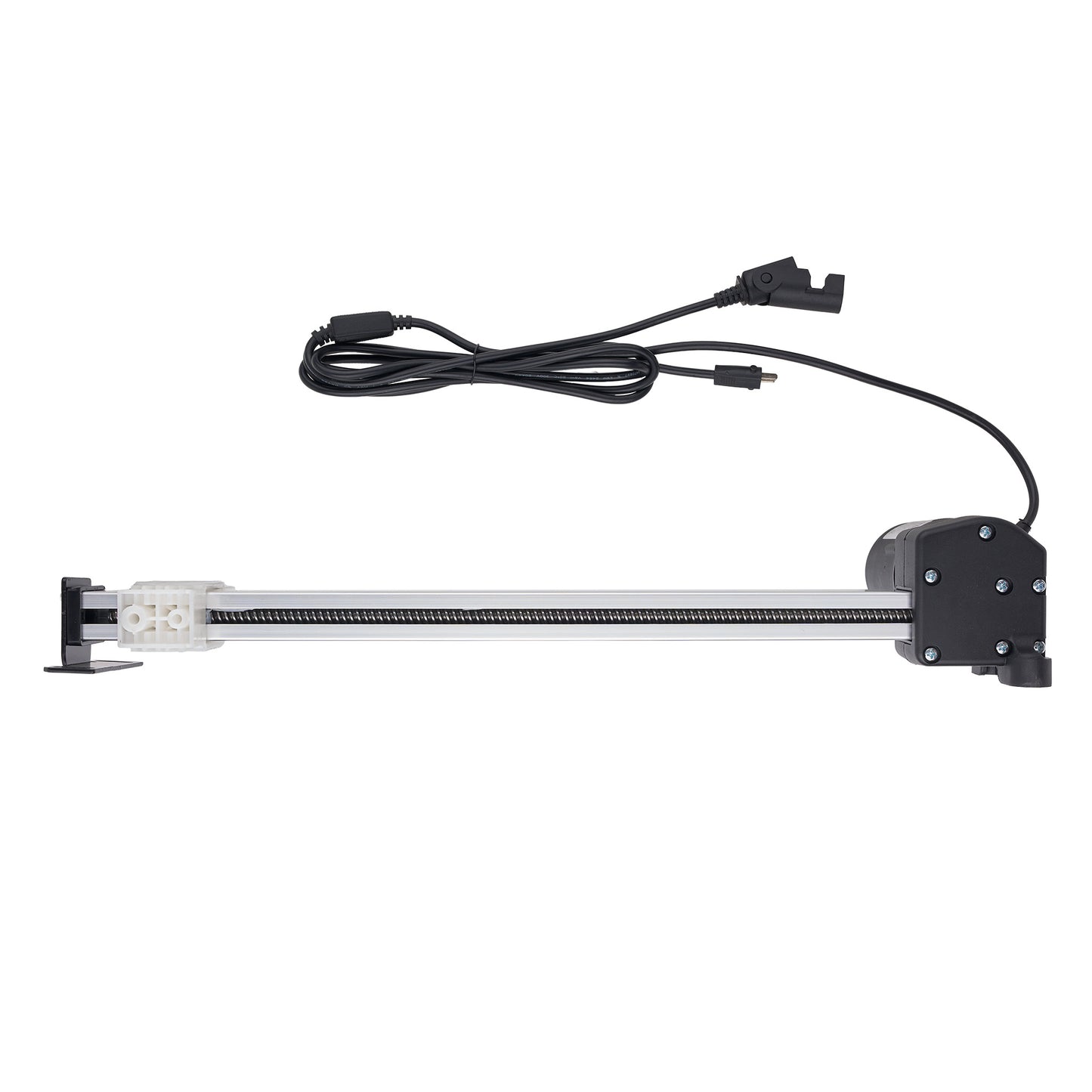 A linear motion slide assembly with a black motorized end, a clear plastic housing, a black threaded rod, and an attached black power cable on a white background.