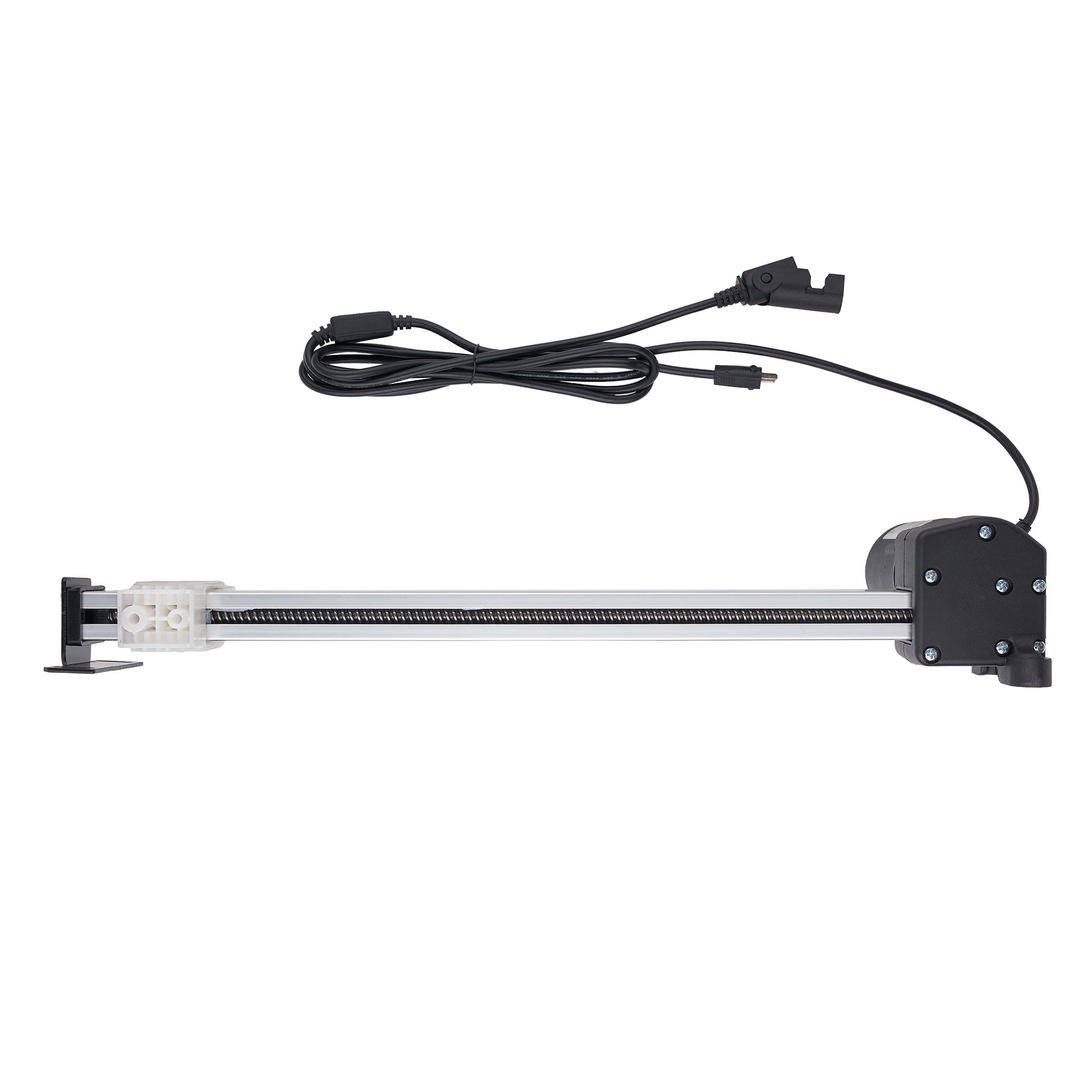 A linear motion slide assembly with a black motorized end, a clear plastic housing, a black threaded rod, and an attached black power cable on a white background.