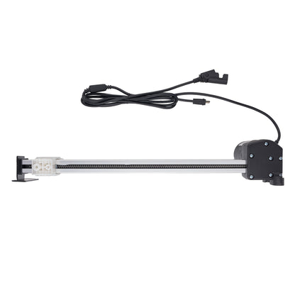 A linear motion slide assembly with a black motorized end, a clear plastic housing, a black threaded rod, and an attached black power cable on a white background.