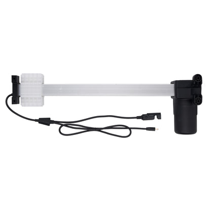 Linear actuator with black and white components on a white background