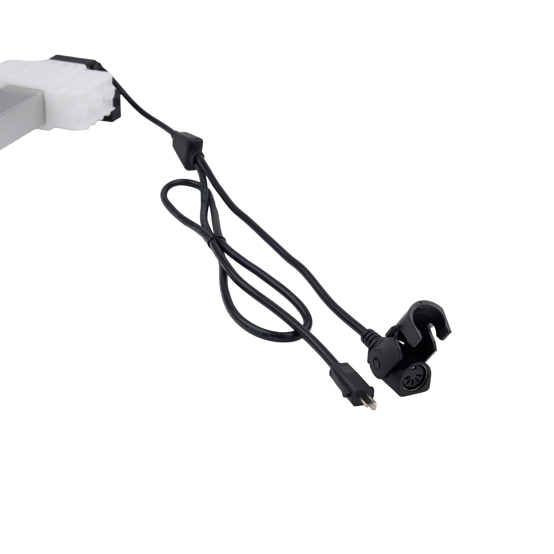 Black power cord with plug on a white background