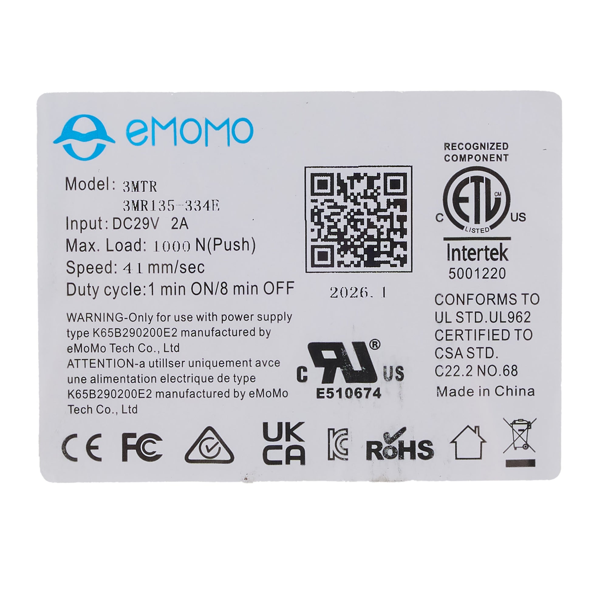 Technical label with various certifications and specifications on a white background