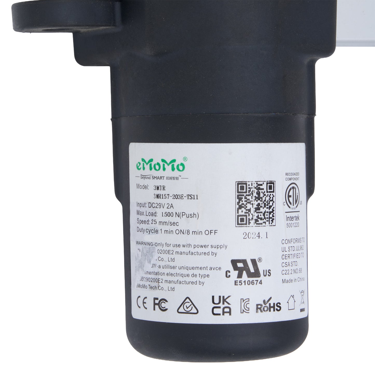 Black electronic device with a label on a white background