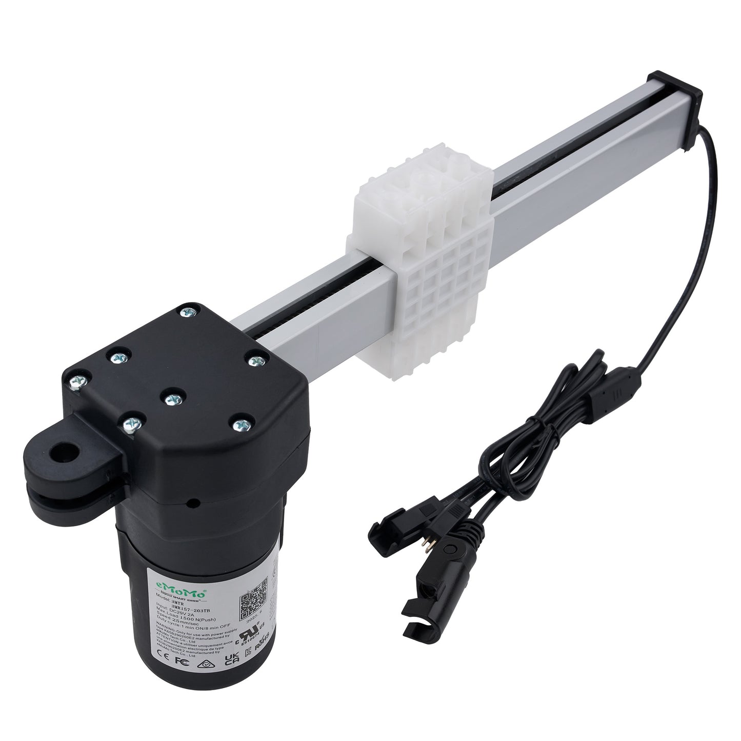 Mechanical arm with motor and cable on a white background