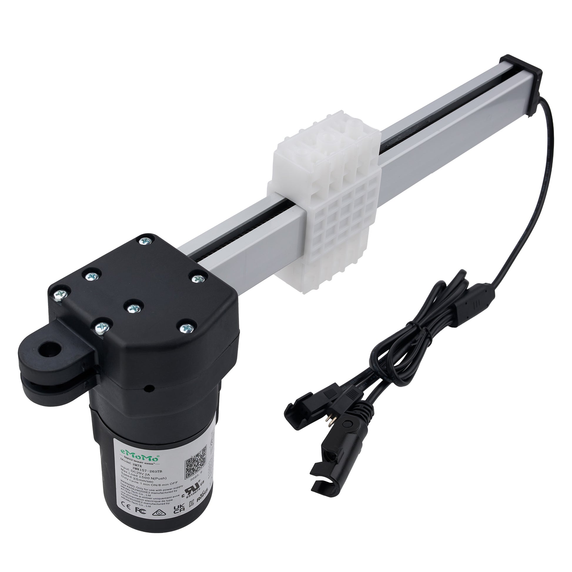 Mechanical arm with motor and cable on a white background