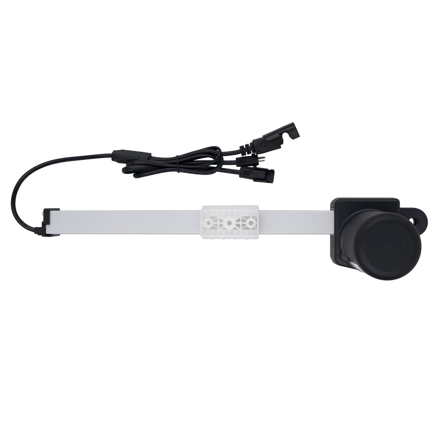 Black and white electronic device with a cable on a white background