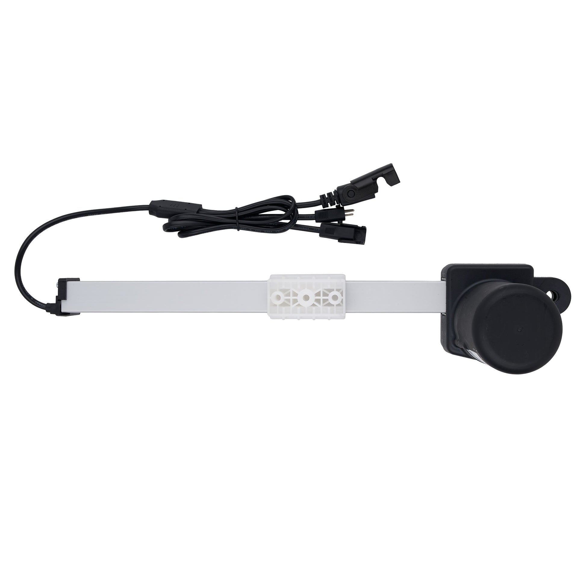 Black and white electronic device with a cable on a white background