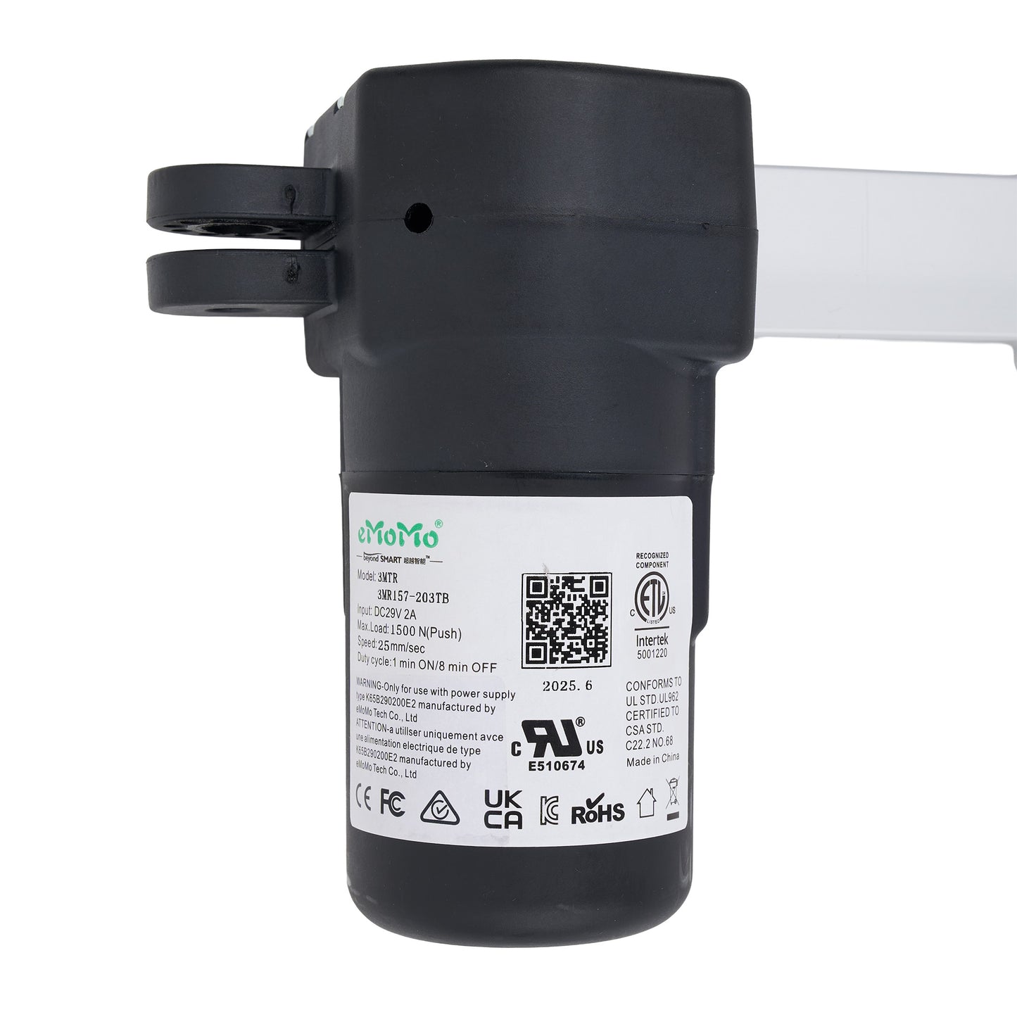 Black electronic device with a label on a white background