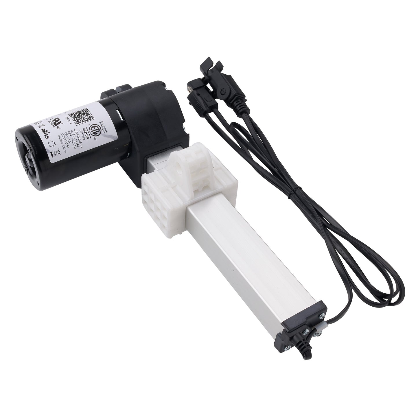 A linear electric actuator motor with a black cylindrical motor housing, a white plastic mounting block, a long silver aluminum rod, and attached black cables with connectors, shown on a plain white background.