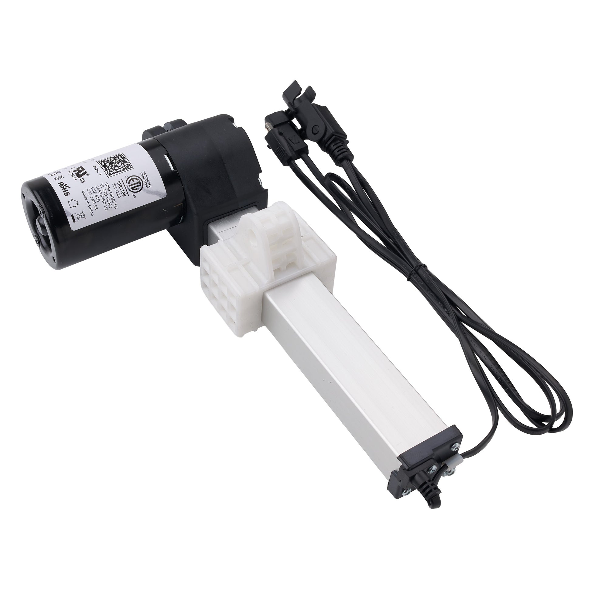 A linear electric actuator motor with a black cylindrical motor housing, a white plastic mounting block, a long silver aluminum rod, and attached black cables with connectors, shown on a plain white background.