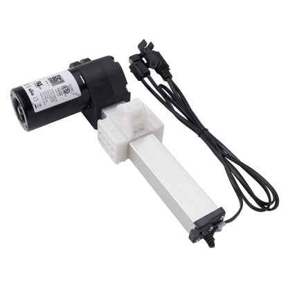 A linear electric actuator motor with a black cylindrical motor housing, a white plastic mounting block, a long silver aluminum rod, and attached black cables with connectors, shown on a plain white background.