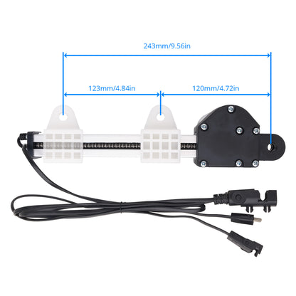 A linear motor slide rail assembly with a black motor housing, white plastic rails, a threaded rod, and attached cables, shown on a white background with blue dimension lines and text indicating measurements of 243mm/9.56in, 123mm/4.