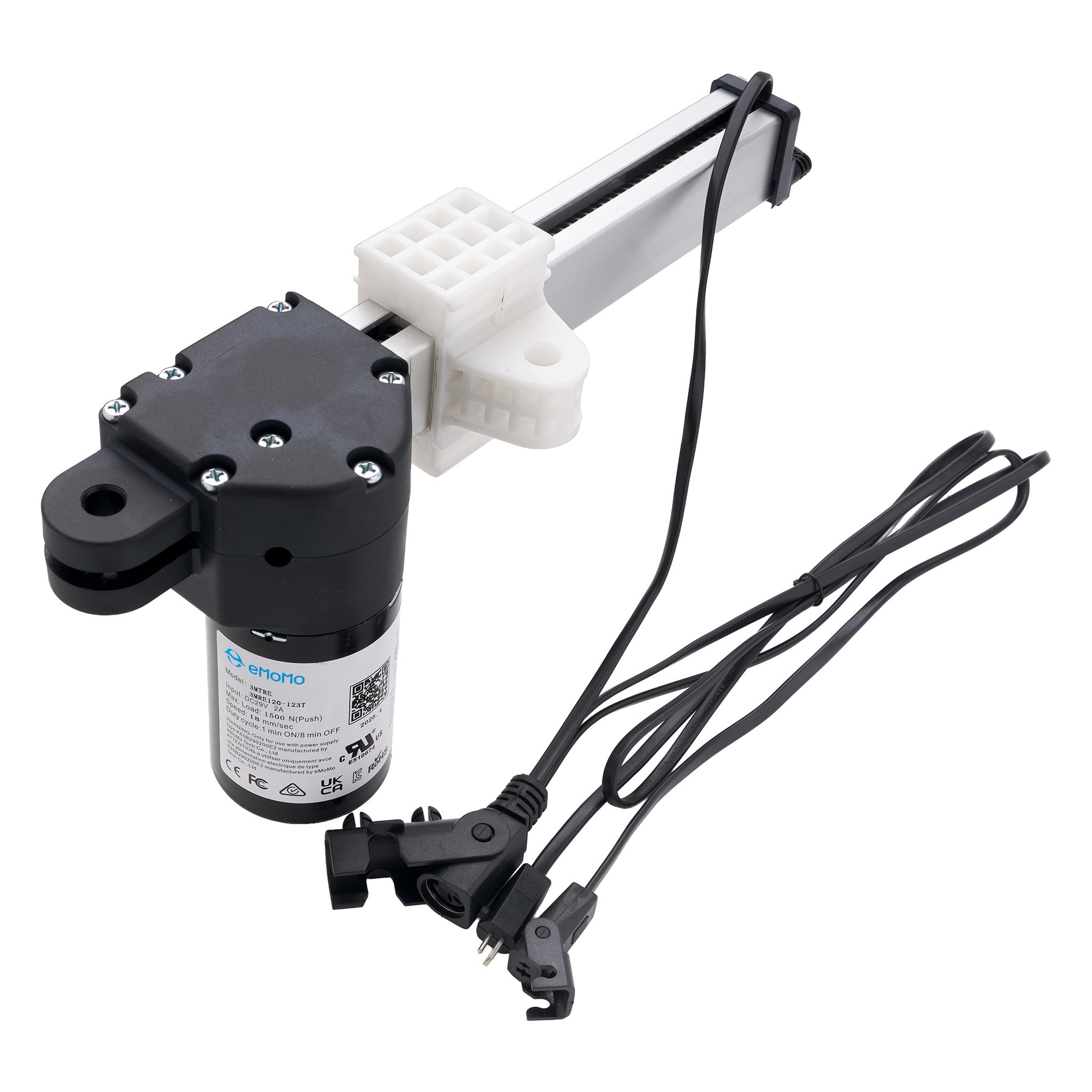 An electronic linear motor module with a black cylindrical motor, white plastic gear housing, and black wiring harnesses, shown on a solid white background.