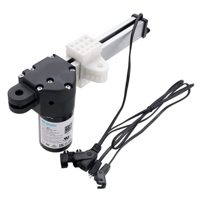 An electronic linear motor module with a black cylindrical motor, white plastic gear housing, and black wiring harnesses, shown on a solid white background.