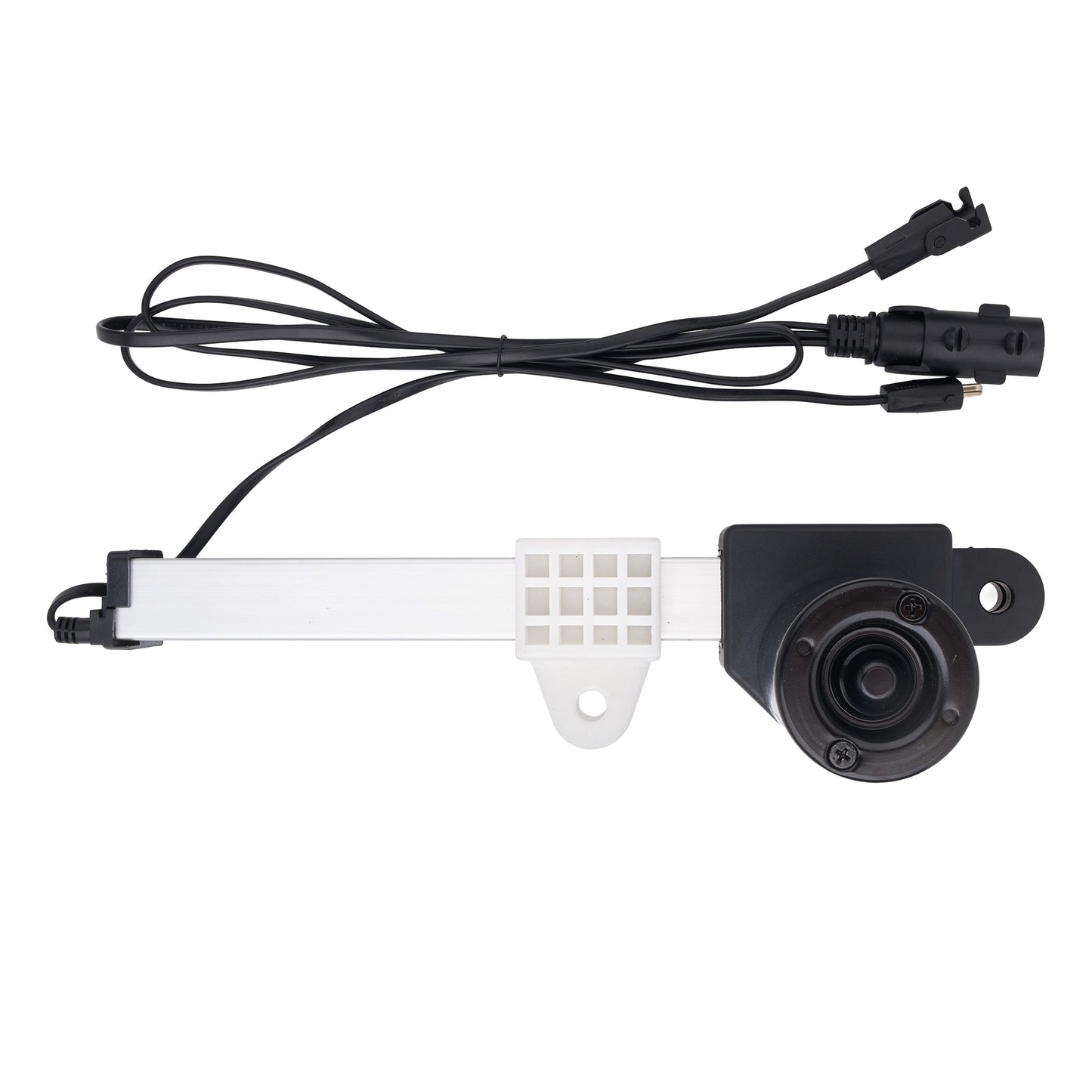A black and white automotive window regulator assembly with an attached power cable and connectors, shown on a plain white background.