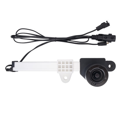 A black and white automotive window regulator assembly with an attached power cable and connectors, shown on a plain white background.