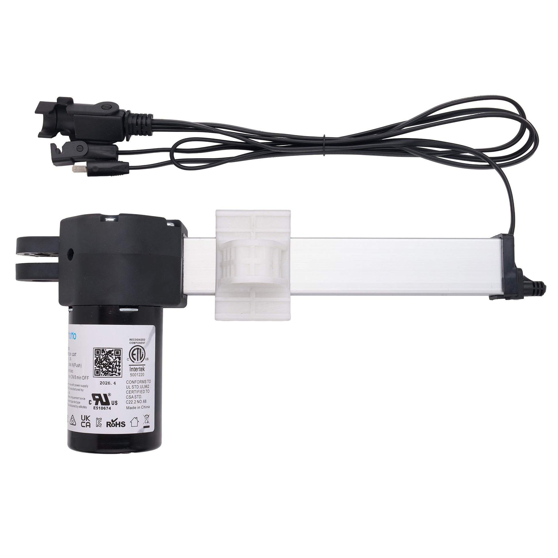 A black and white linear electric actuator with a black motor housing, a clear plastic window, and a black cable with multiple connector plugs, shown on a white background.