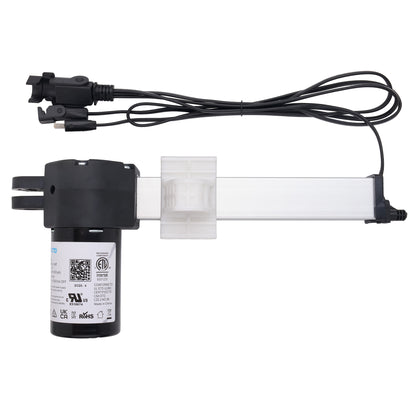 A black and white linear electric actuator with a black motor housing, a clear plastic window, and a black cable with multiple connector plugs, shown on a white background.