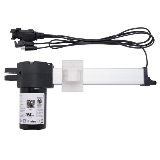 A black and white linear electric actuator with a black motor housing, a clear plastic window, and a black cable with multiple connector plugs, shown on a white background.